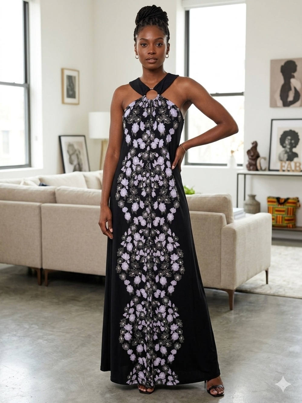 Soma Black Maxi Dress with Lilac Floral Center Panel - Large